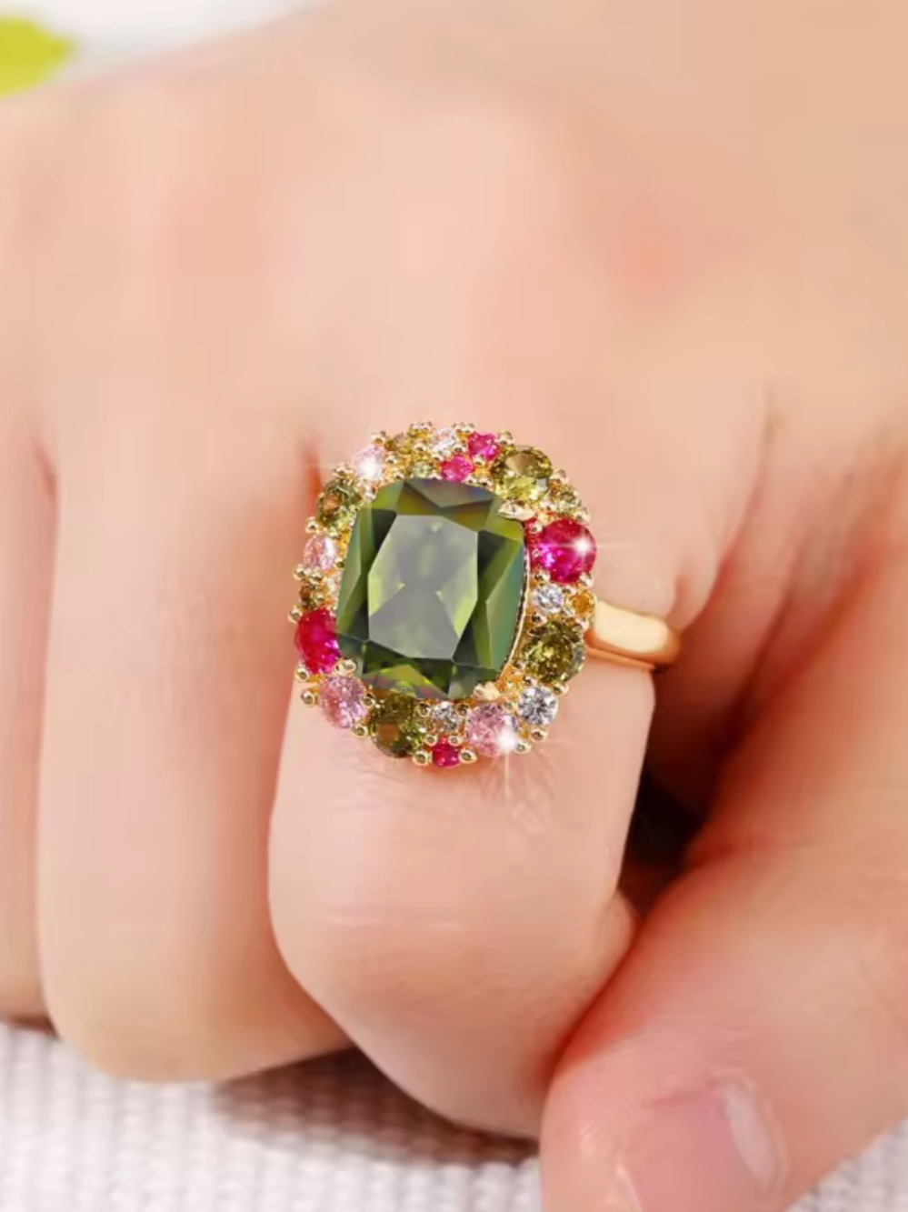 Gold Ring with Olive Green Center and Pink Accents - Picture 4 of 12
